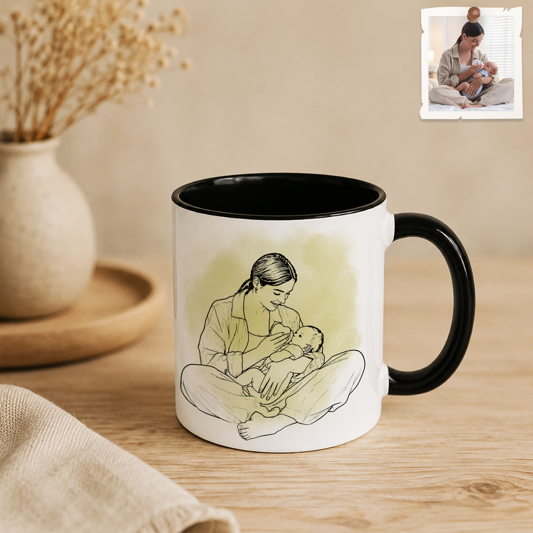 Personalized First Time Mom Photo to Detailed Line Art Accent Mug with Custom Text - 11, 15 oz