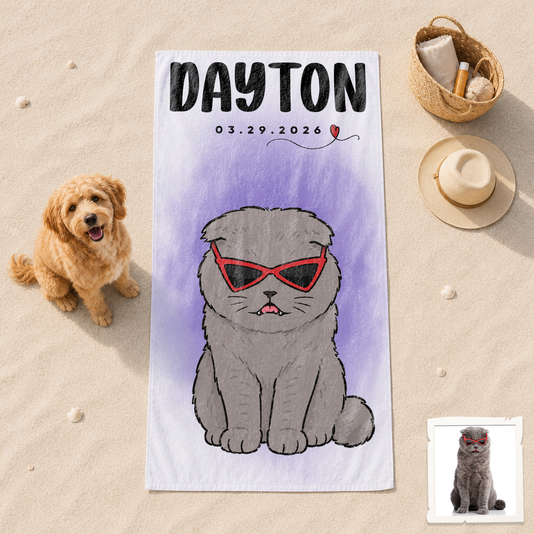 Personalized Pet and Owner Funny Doodle Beach Towel with Custom Text, Playful Summer Gift for Pet Lovers