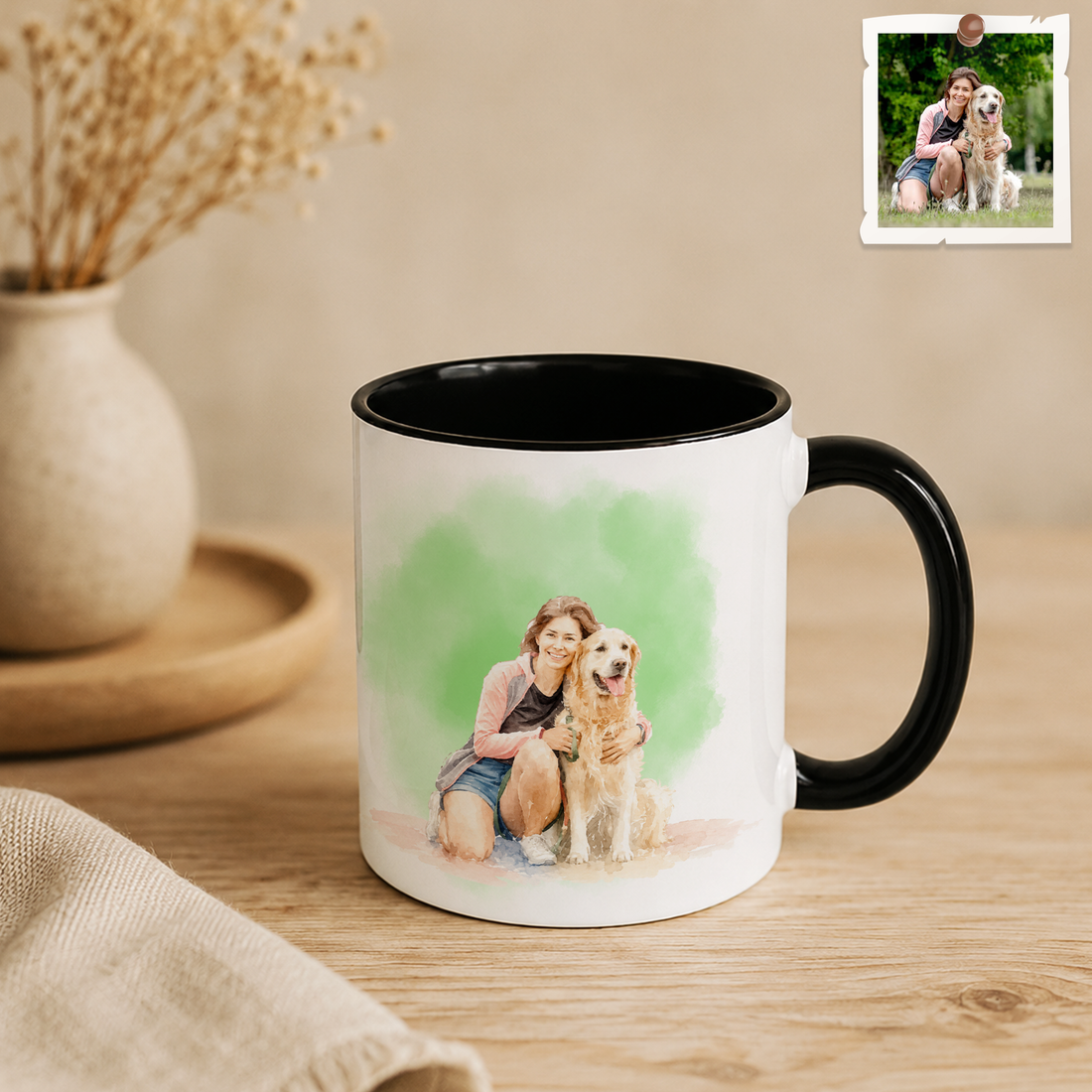 Personalized Pet & Owner Photo to Water Color Accent Mug with Custom Text