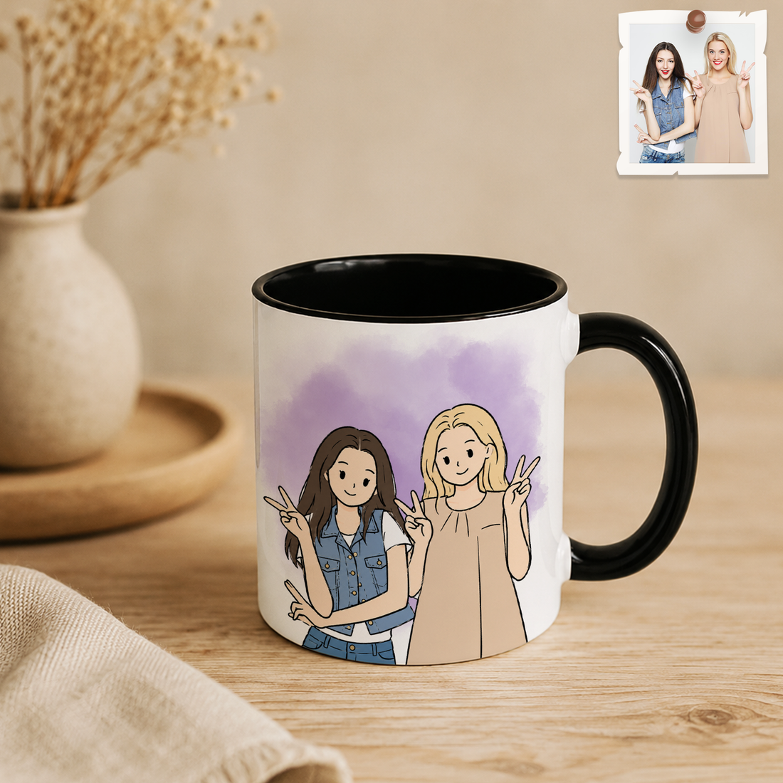 Personalized Friend Photo Funny Doodle Accent Mug with Custom Text, Custom Best Friend Coffee Cup Gift - 11, 15 oz