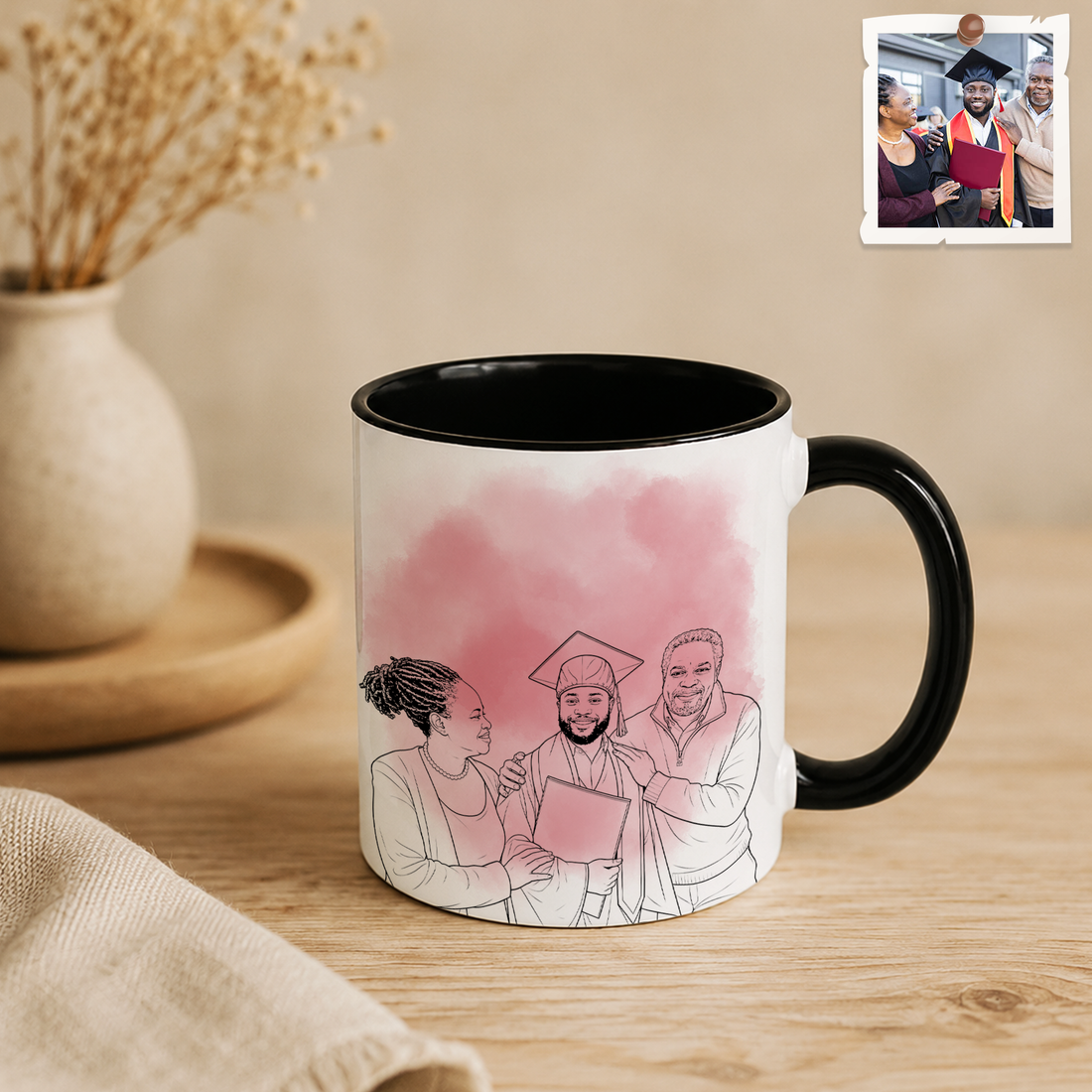 Personalized Graduation Photo to Detailed Line Art Accent Mug with Custom Text - 11, 15 oz