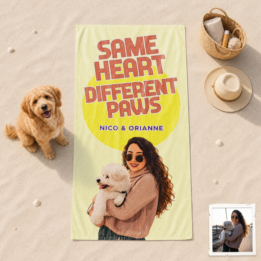 Personalized Pet and Owner Pop Art Beach Towel with Custom Text, Bold Photo Gift for Dog and Cat Lovers