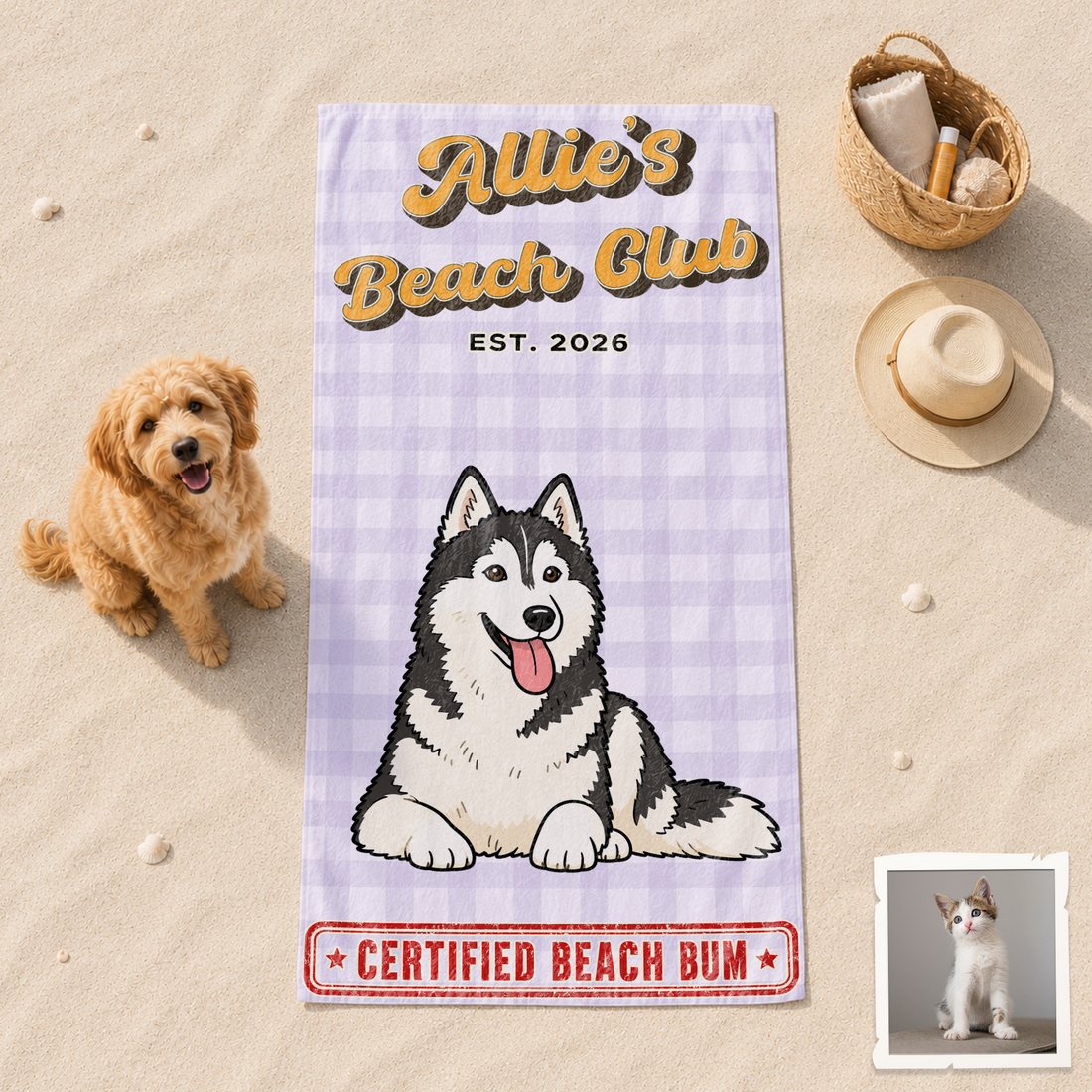 Personalized Pet Funny Doodle Beach Towel with Custom Text, Cute Dog or Cat Photo Summer Gift