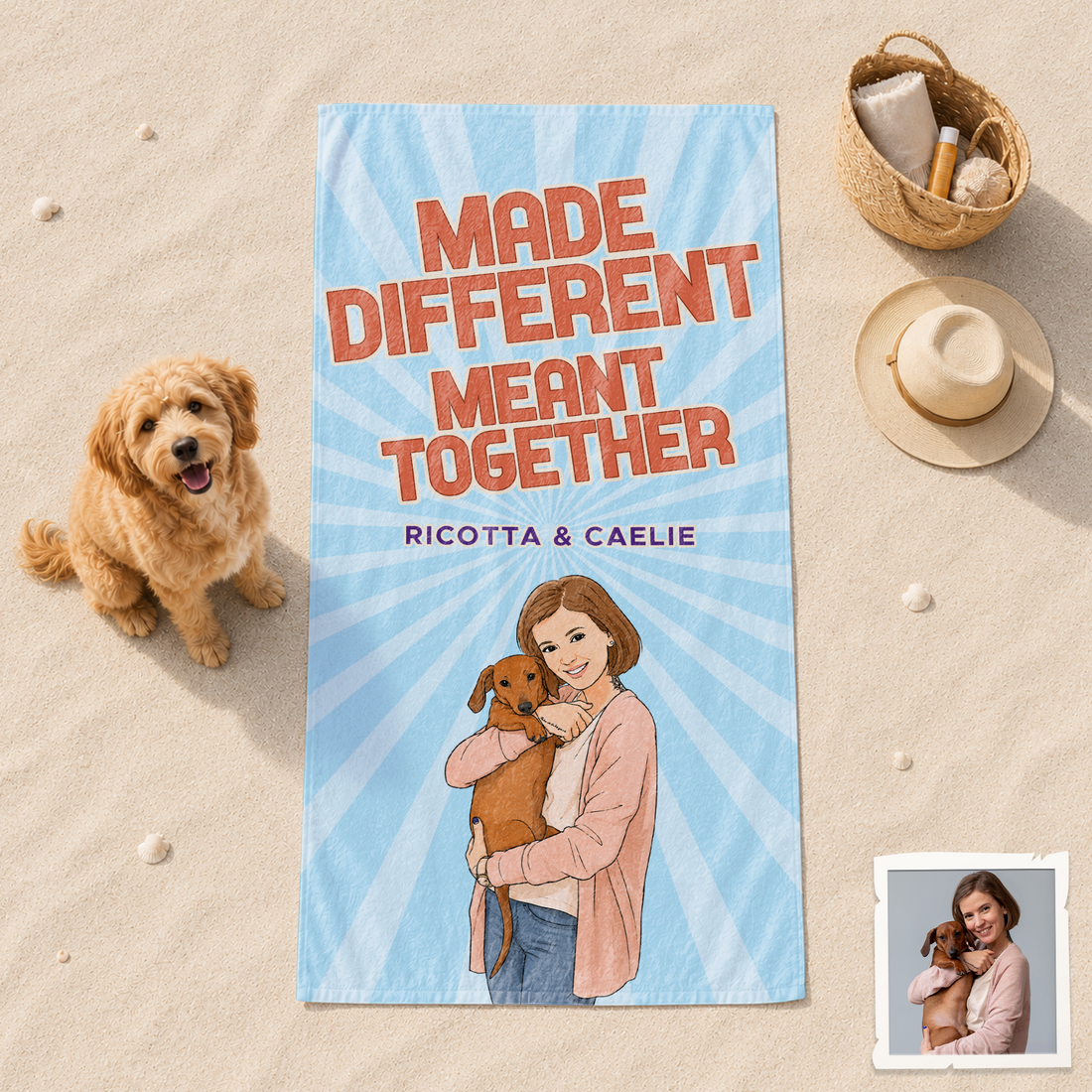 Personalized Pet and Owner Watercolor Doodle Beach Towel with Custom Text, Custom Photo Gift for Pet Lovers