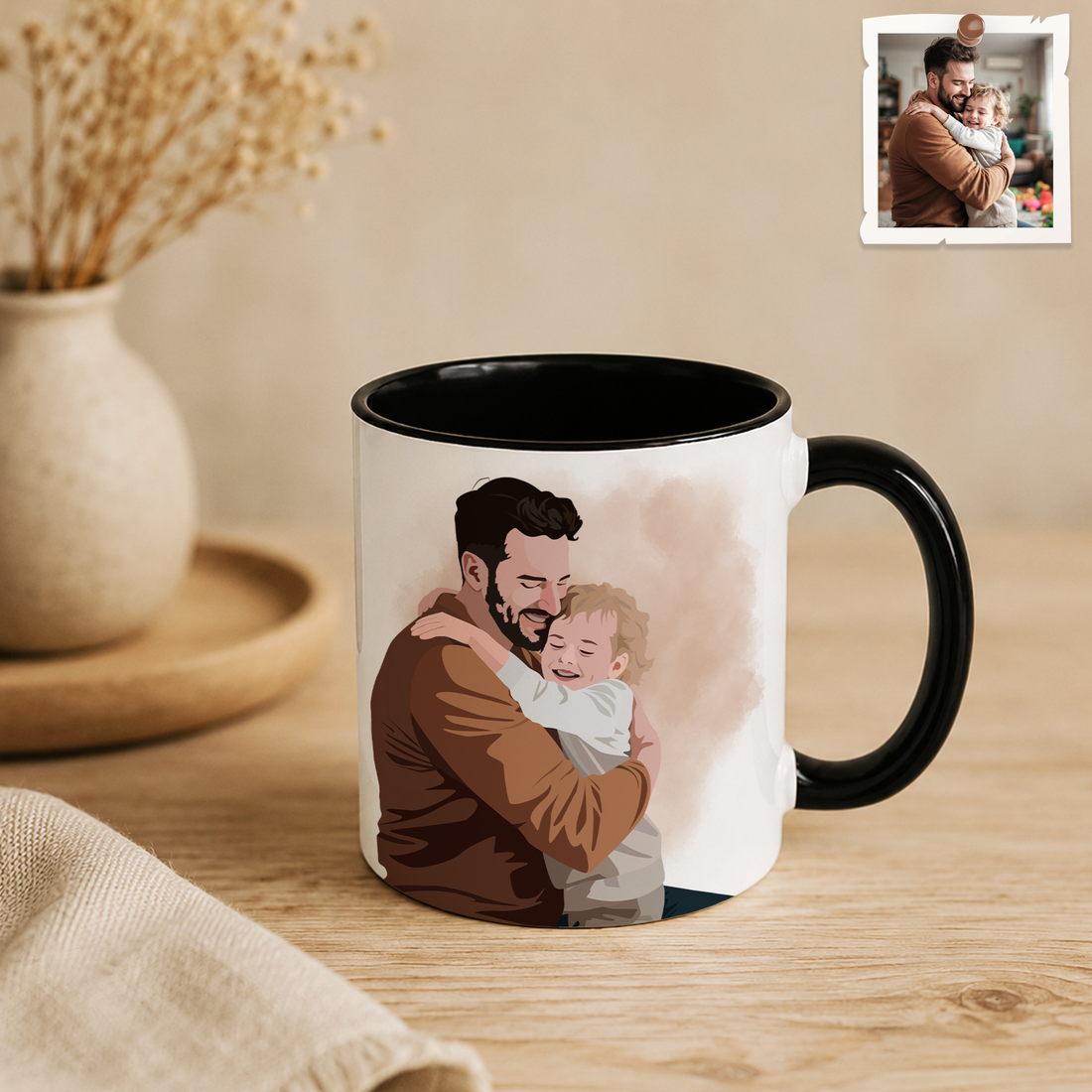 Personalized Dad & Kid Photo to Illustration Accent Mug with Custom Text - 11, 15 oz