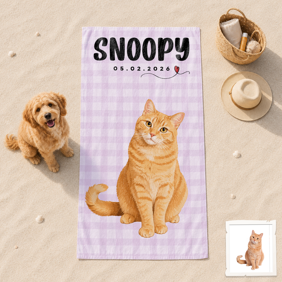 Personalized Pet Portrait Pop Art Beach Towel with Custom Text, Bold Dog or Cat Summer Gift