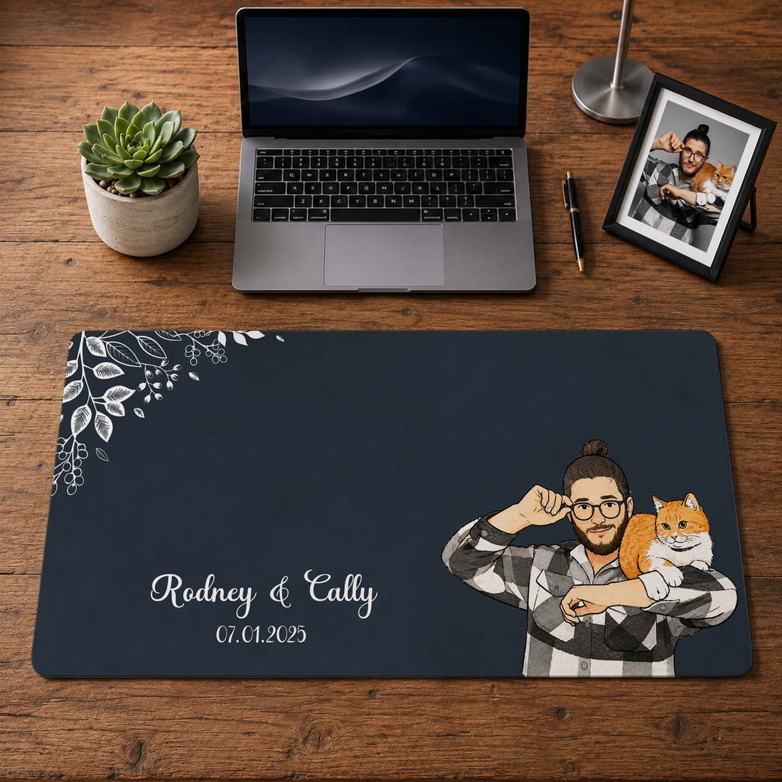 Personalized Cat & Owner Photo to Water Color Doodle Desk Mat with Custom Text