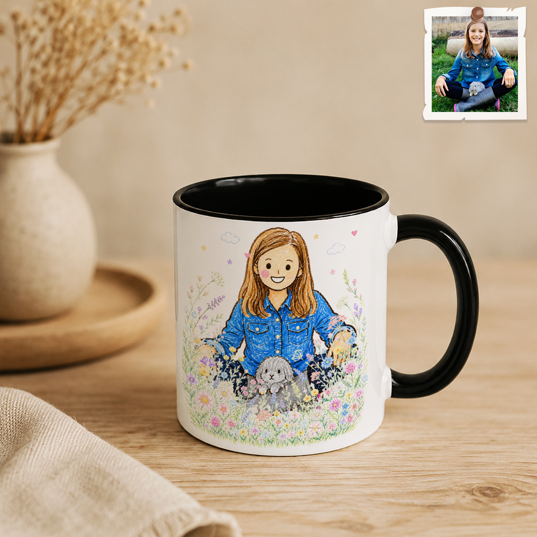 Personalized Pet & Owner Photo to Crayon Doodle Accent Mug with Custom Text - 11, 15 oz