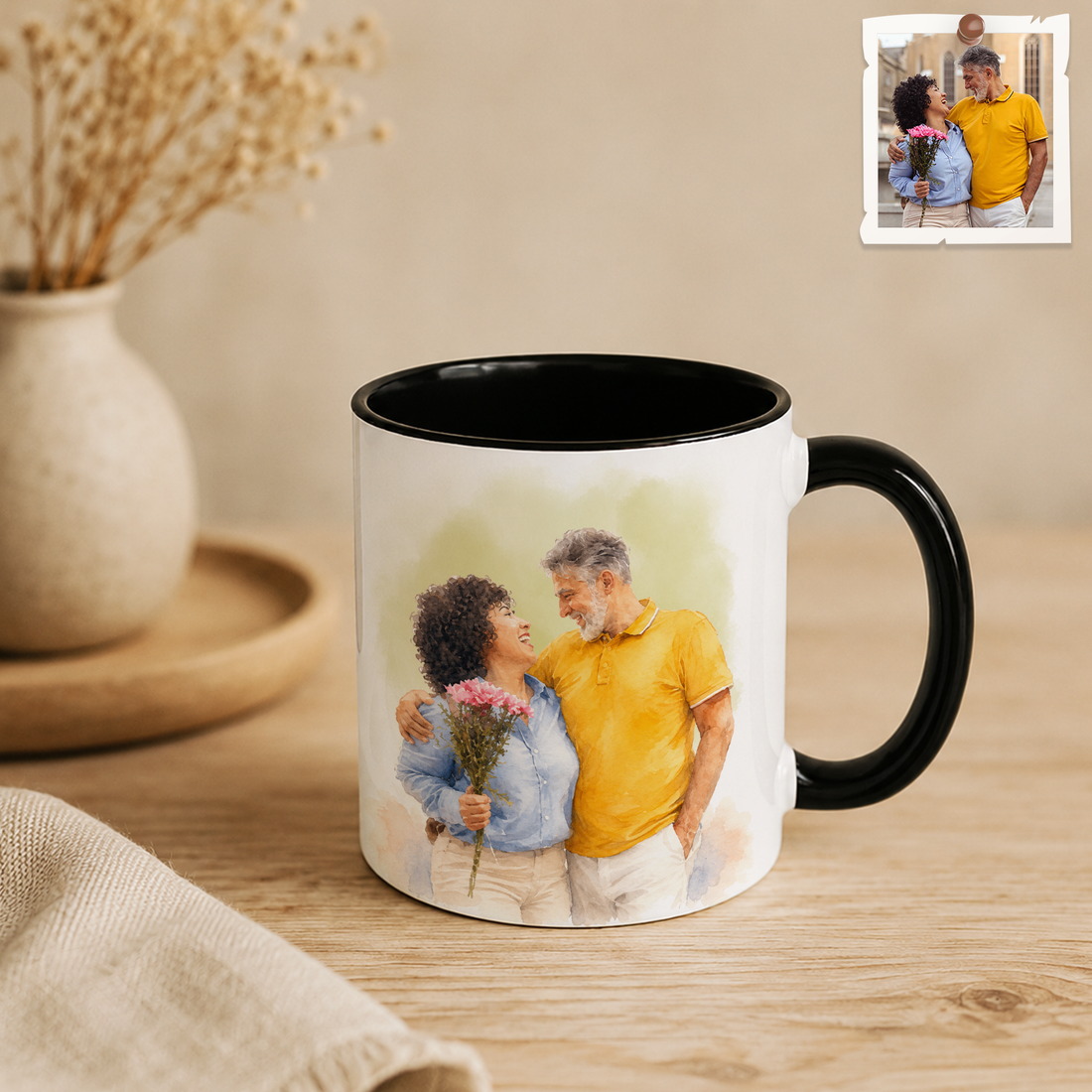 Personalized Couple Photo to Water Color Accent Mug with Custom Text & Watercolor Background - 11, 15 oz
