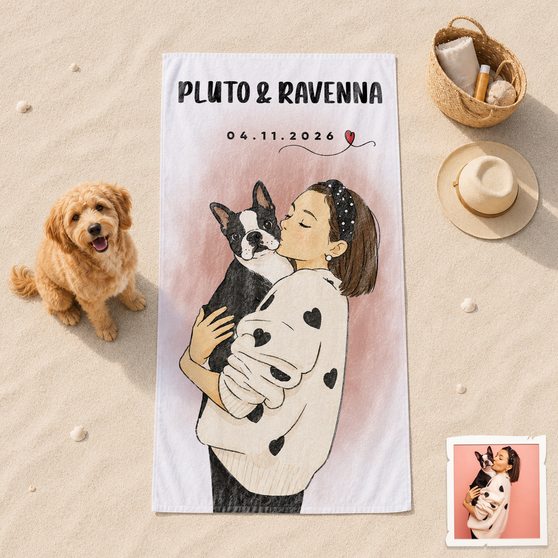 Custom Pet and Owner Watercolor Doodle Beach Towel with Personalized Text, Hand-Painted Summer Keepsake Gift