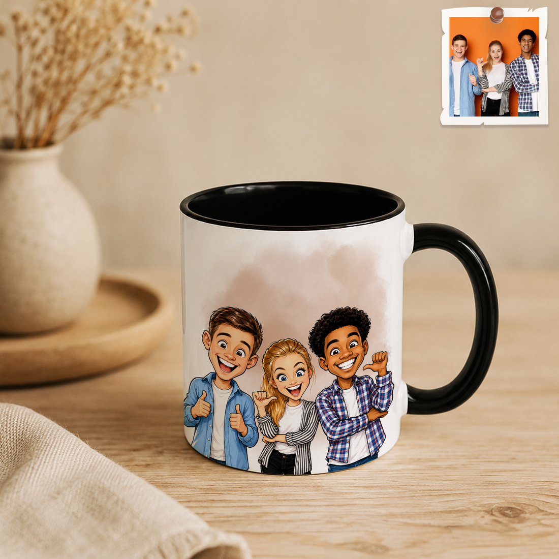 Personalized Friend Photo to Caricature Art Accent Mug with Custom Text - 11, 15 oz