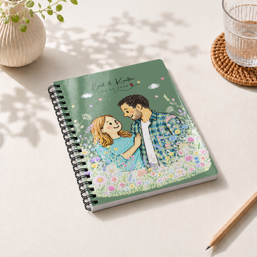 Personalized Couple Crayon Doodle Spiral Bound Journal with Custom Text, Cute Custom Portrait Notebook Gift