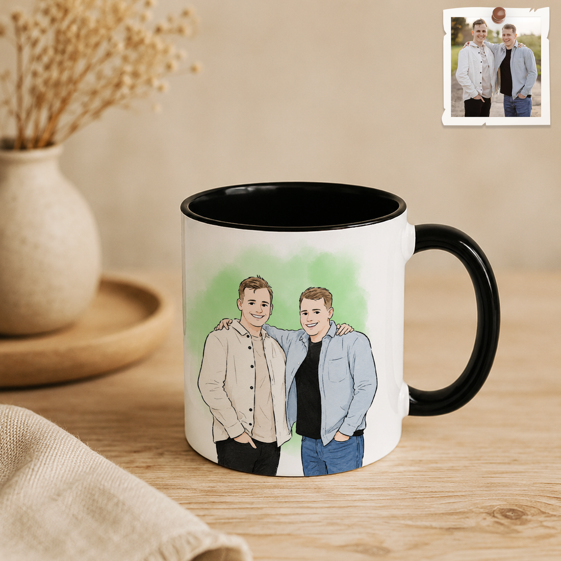 Personalized Siblings Photo to Water Color Doodle Accent Mug with Custom Text