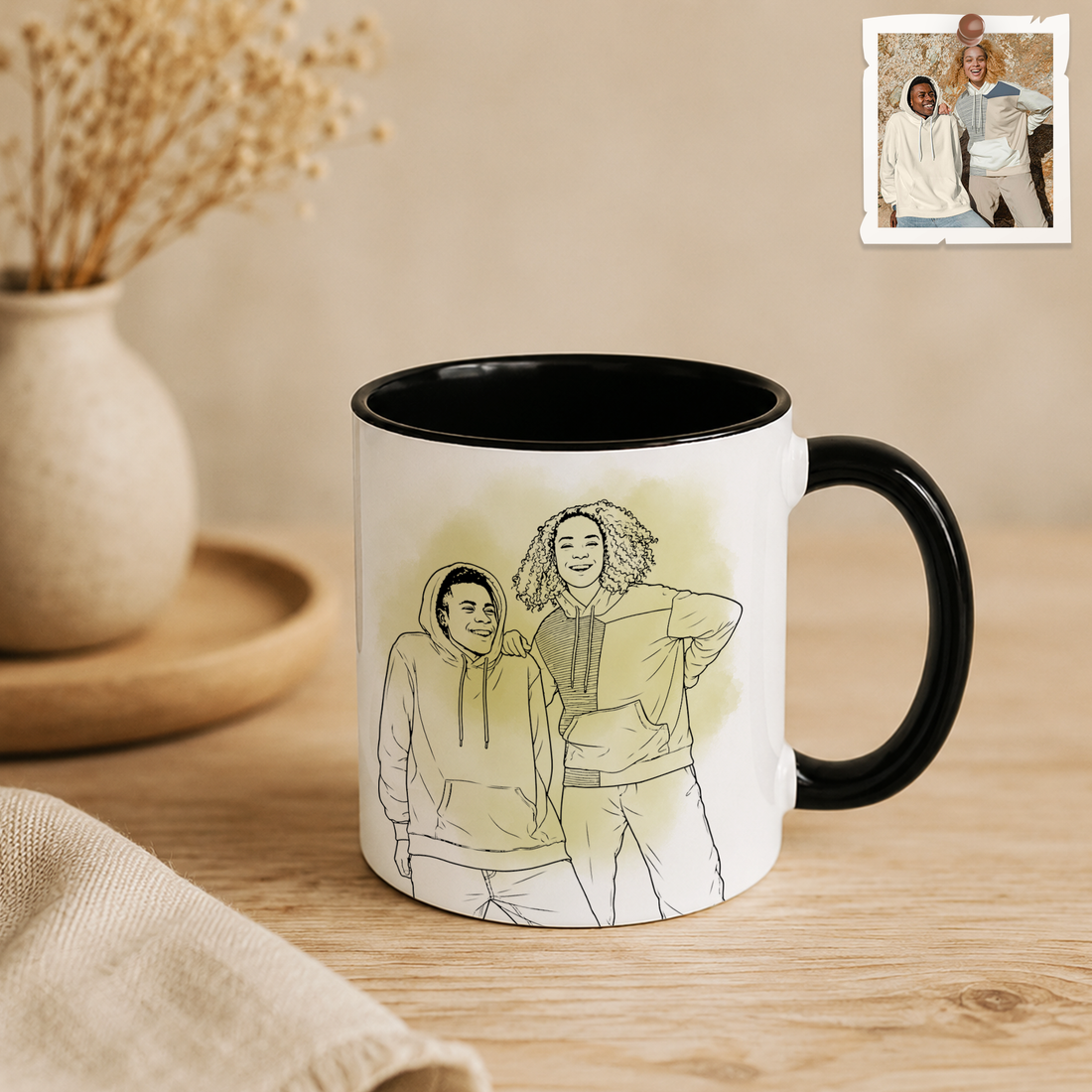 Personalized Friend Photo to Detailed Line Art Accent Mug with Custom Text - 11, 15 oz