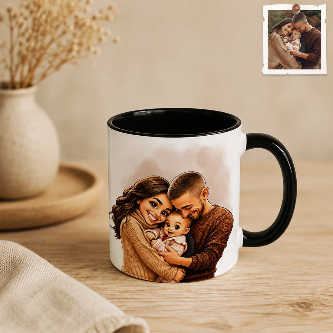 Personalized Family Photo to Caricature Art Accent Mug with Custom Text - 11, 15 oz