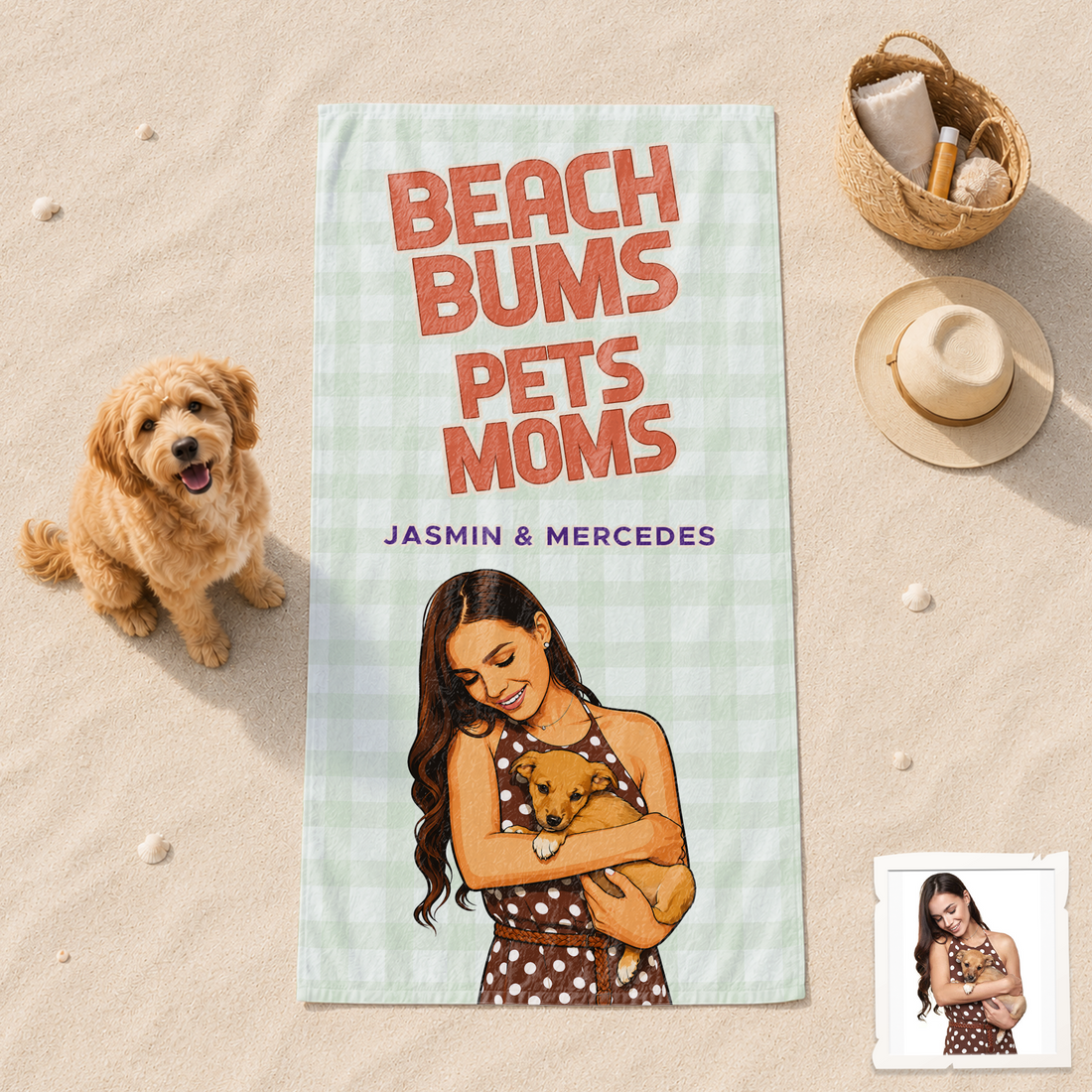 Custom Pet and Owner Portrait Pop Art Beach Towel with Personalized Text, Unique Summer Gift for Pet Lovers