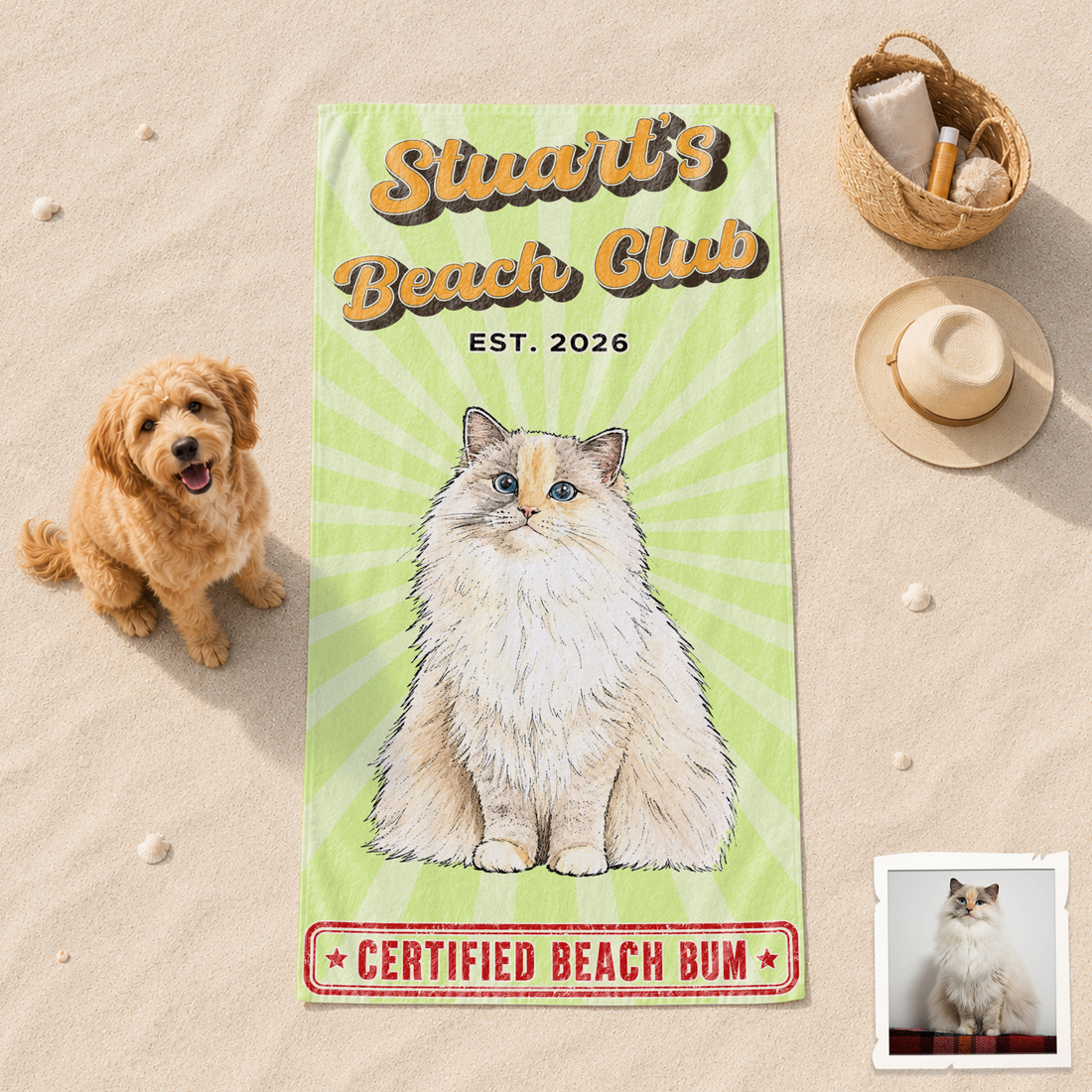 Personalized Pet Portrait Sketch Doodle Beach Towel with Custom Text, Cute Dog or Cat Summer Keepsake Gift