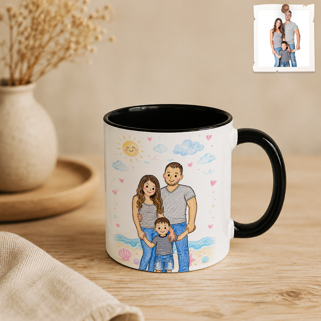 Personalized Family Photo to Crayon Doodle Accent Mug with Custom Text - 11, 15 oz