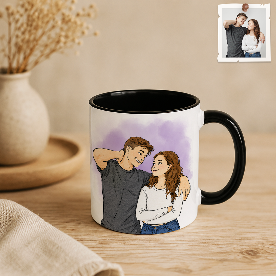 Personalized Couple Photo to Water Color Doodle Accent Mug with Custom Text