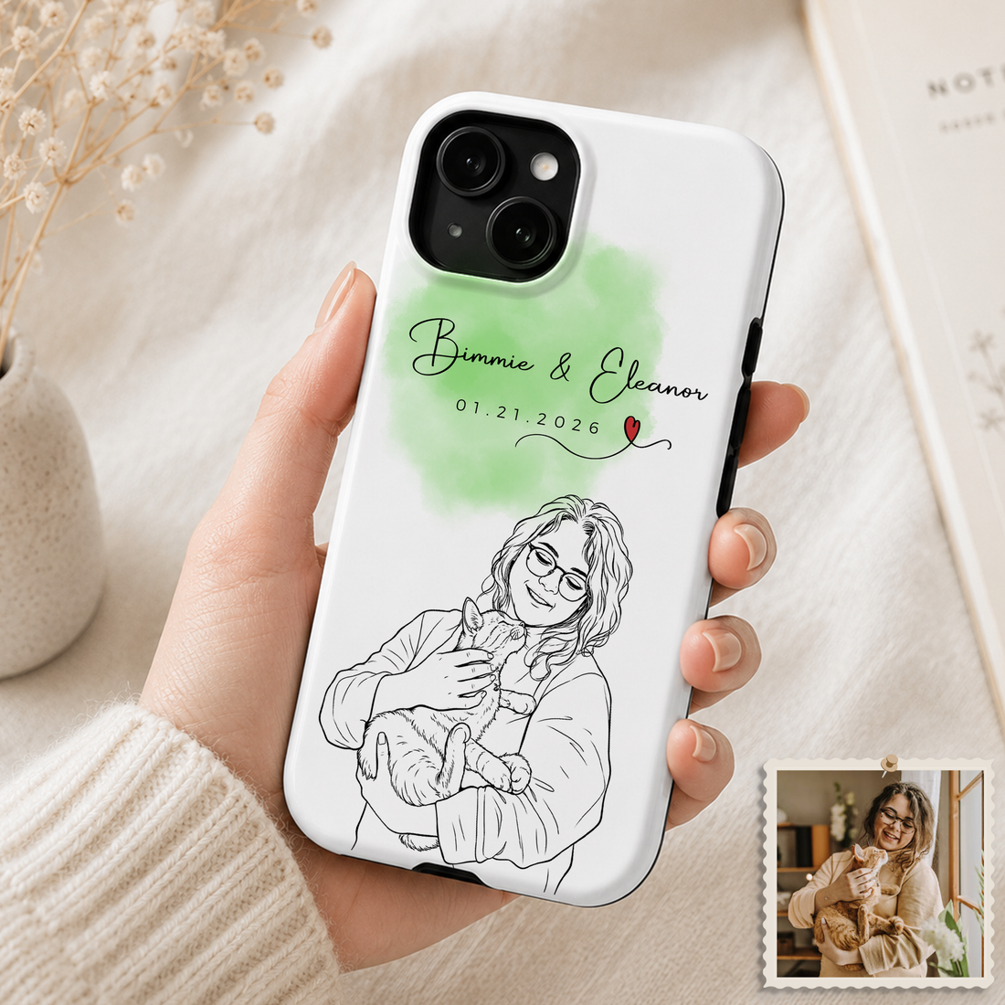 Tough Phone Case for iPhone & Samsung, Personalized Cat & Owner Detailed Line Art Case with Custom Text