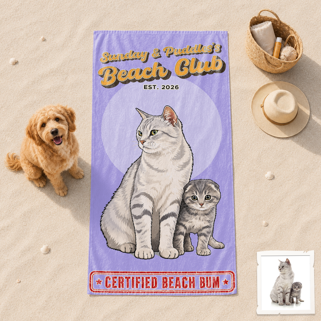 Custom Pet Photo Pop Art Beach Towel with Personalized Text, Vibrant Dog or Cat Lover Summer Gift