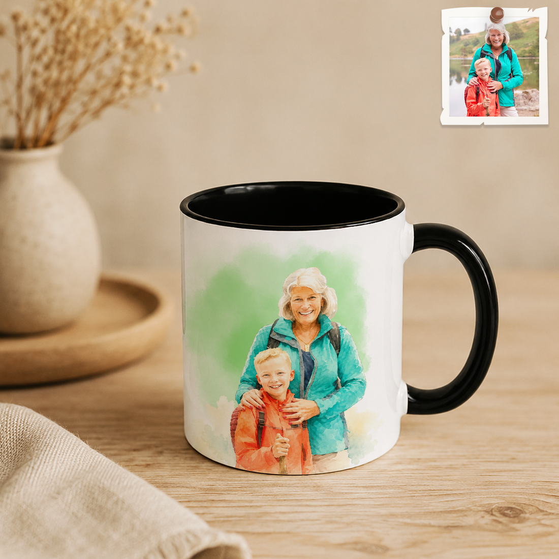 Personalized With Mom or Grandma Photo to Water Color Accent Mug with Custom Text