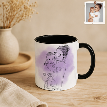 Personalized Mom & Kid Photo to Detailed Line Art Accent Mug with Custom Text - 11, 15 oz