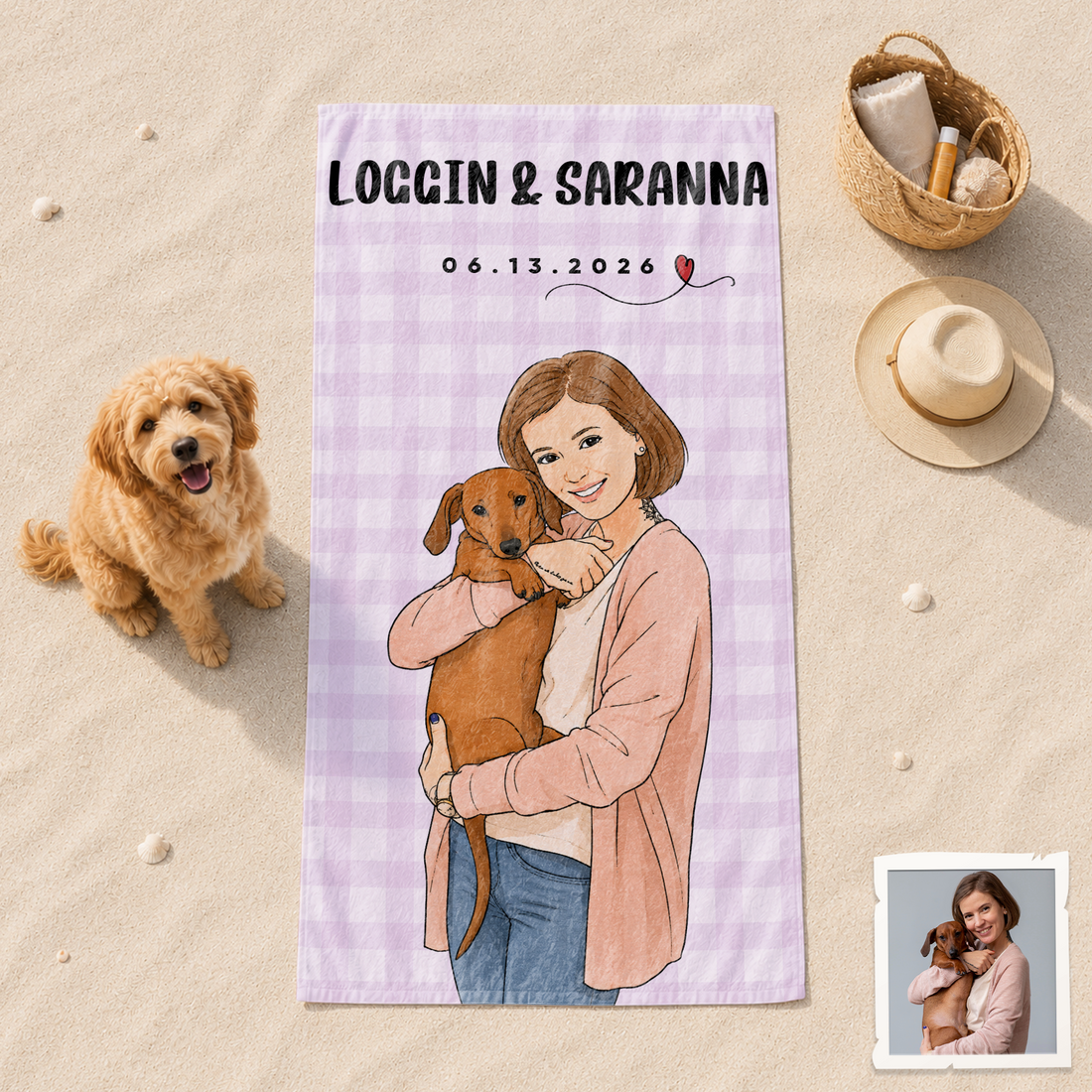 Personalized Pet and Owner Watercolor Doodle Beach Towel with Custom Text, Artistic Summer Gift for Pet Lovers