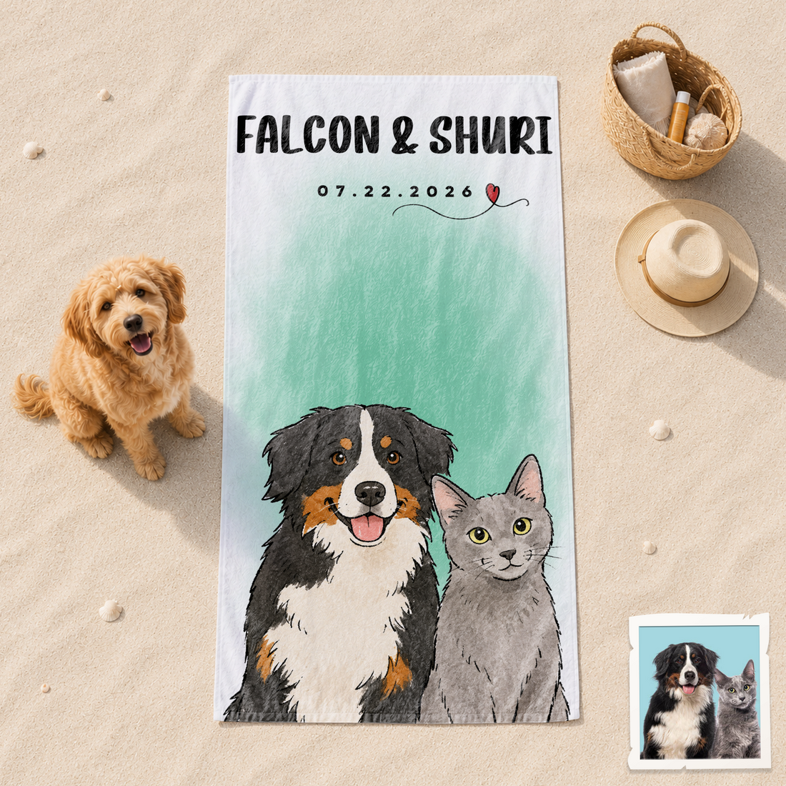 Custom Pet Watercolor Doodle Beach Towel with Personalized Text, Soft Dog or Cat Portrait Summer Gift