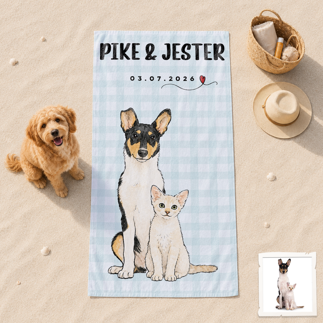Personalized Pet Watercolor Doodle Beach Towel with Custom Text, Artistic Dog or Cat Photo Summer Gift