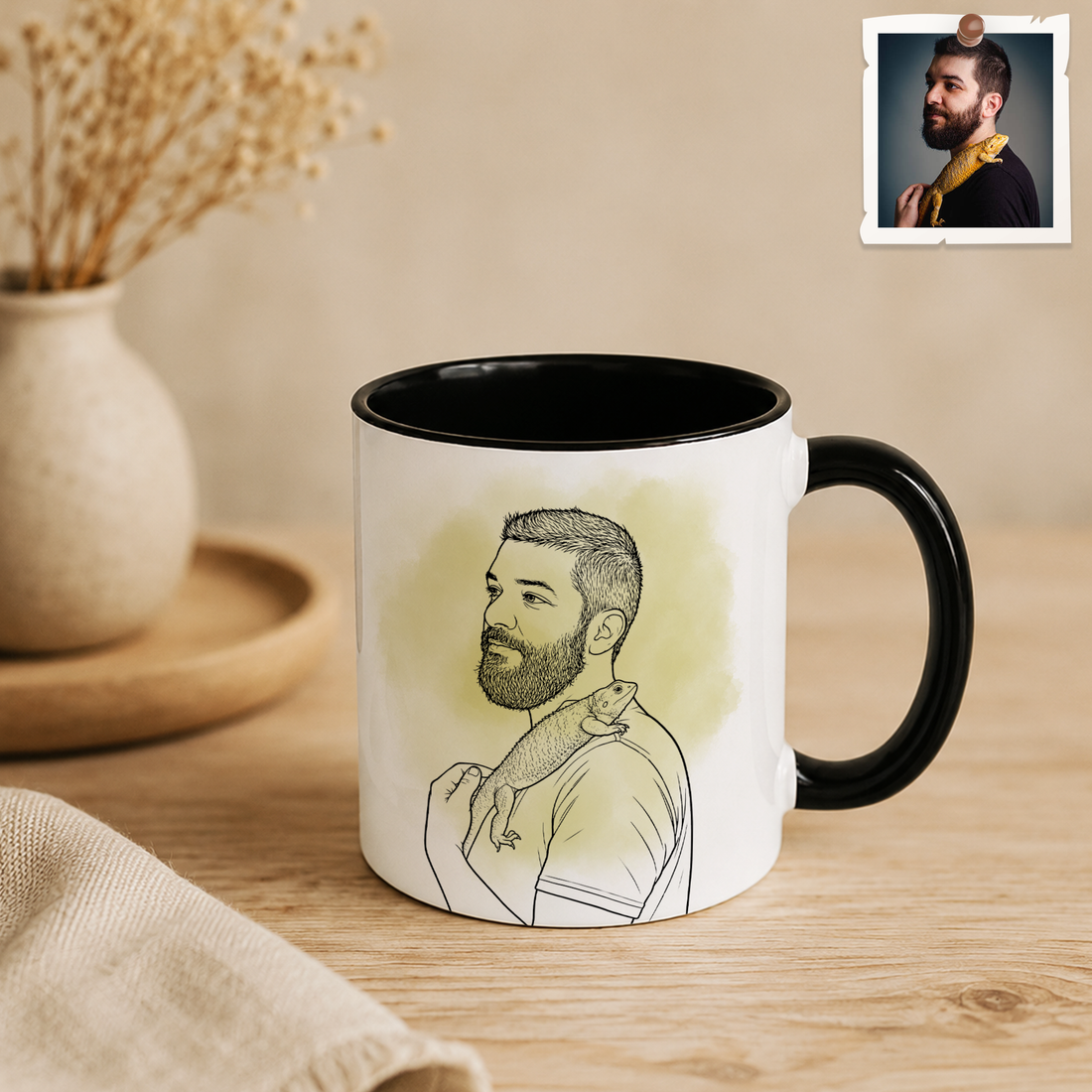 Personalized Pet & Owner Photo to Detailed Line Art Accent Mug with Custom Text - 11, 15 oz