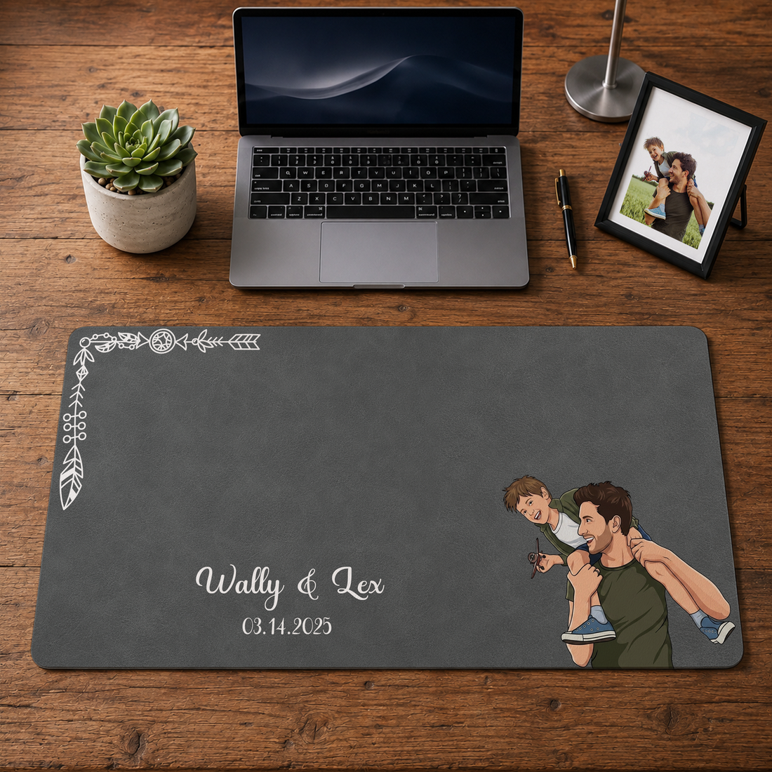Personalized Dad & Kid Photo to Illustration Desk Mat with Custom Text