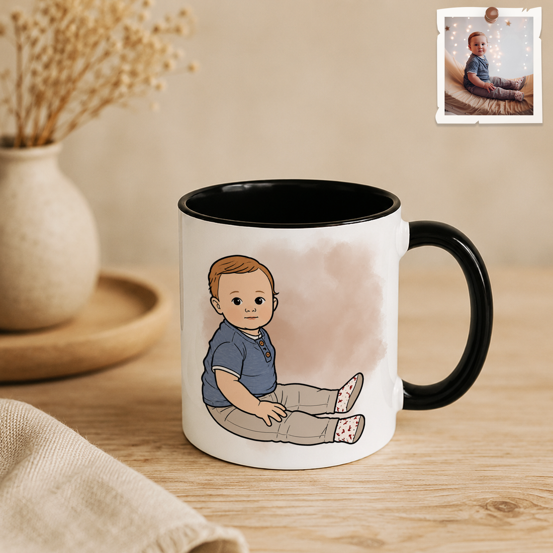 Personalized Baby With Mom Photo Funny Doodle Accent Mug with Custom Text, Custom Mother Coffee Cup Gift