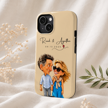 Personalized Couple Caricature Tough Phone Case with Custom Text
