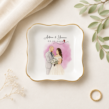 Personalized Wedding Photo Water Color Doodle Trinket Dish with Custom Text, Custom Bride and Groom Keepsake Gift
