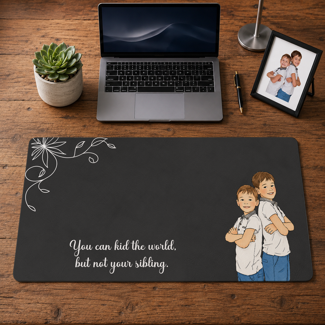 Personalized Siblings Photo to Water Color Doodle Desk Mat with Custom Text