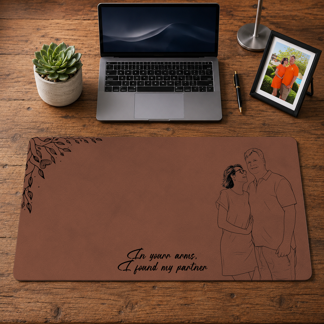 Personalized Photo to Detailed Line Art Couple Desk Mat with Custom Text