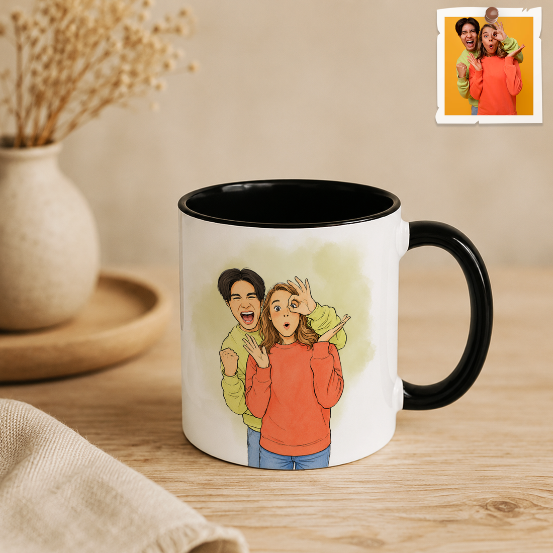 Personalized Friend Photo to Water Color Doodle Accent Mug with Custom Text