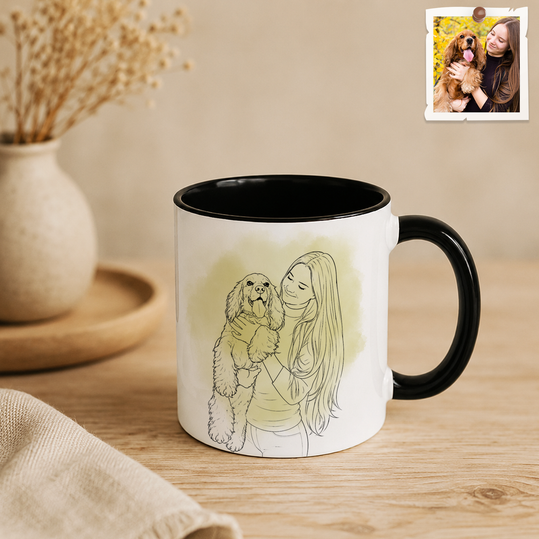 Personalized Dog & Owner Photo to Detailed Line Art Accent Mug with Custom Text - 11, 15 oz