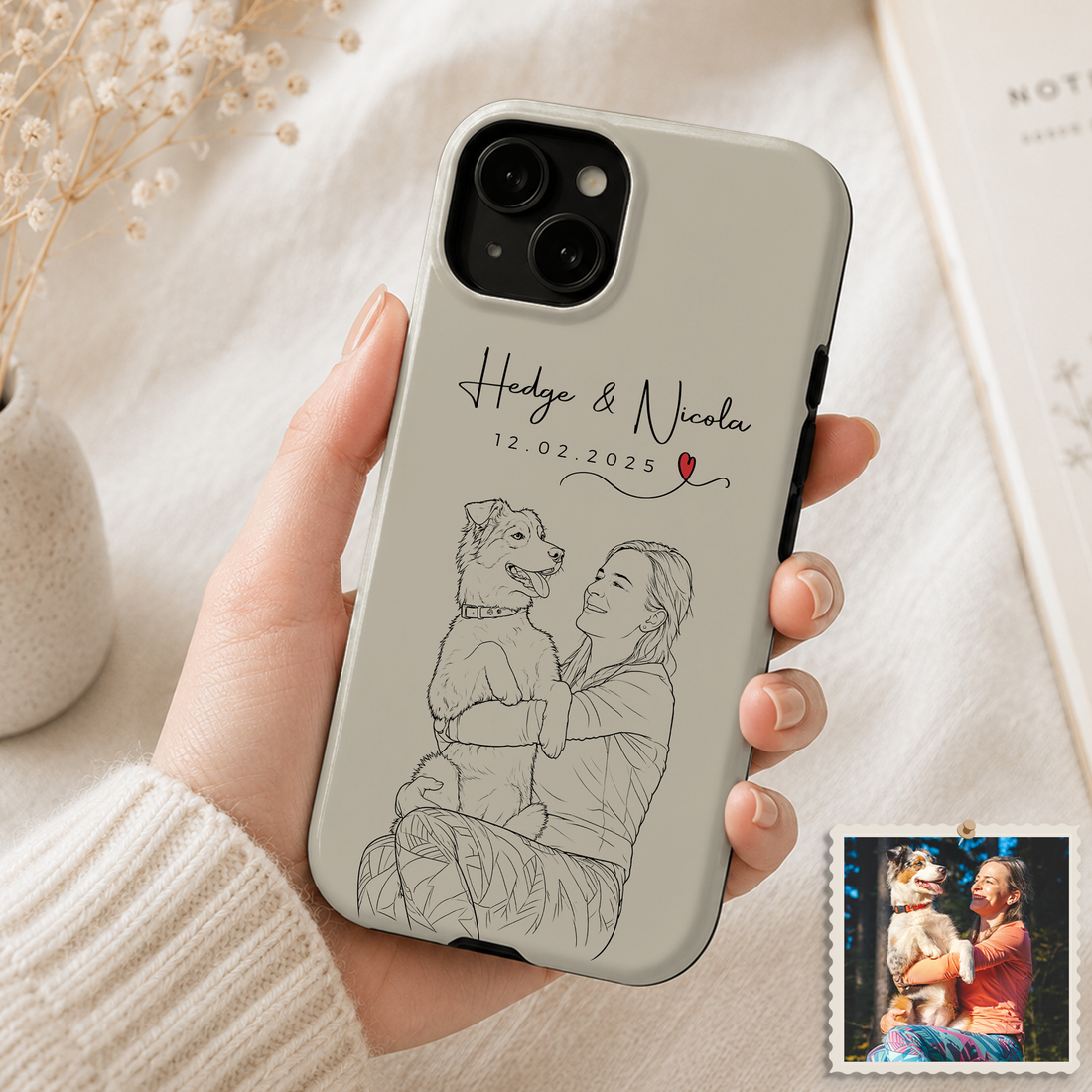 Tough Phone Case for iPhone & Samsung, Personalized Dog & Owner Detailed Line Art Case with Custom Text