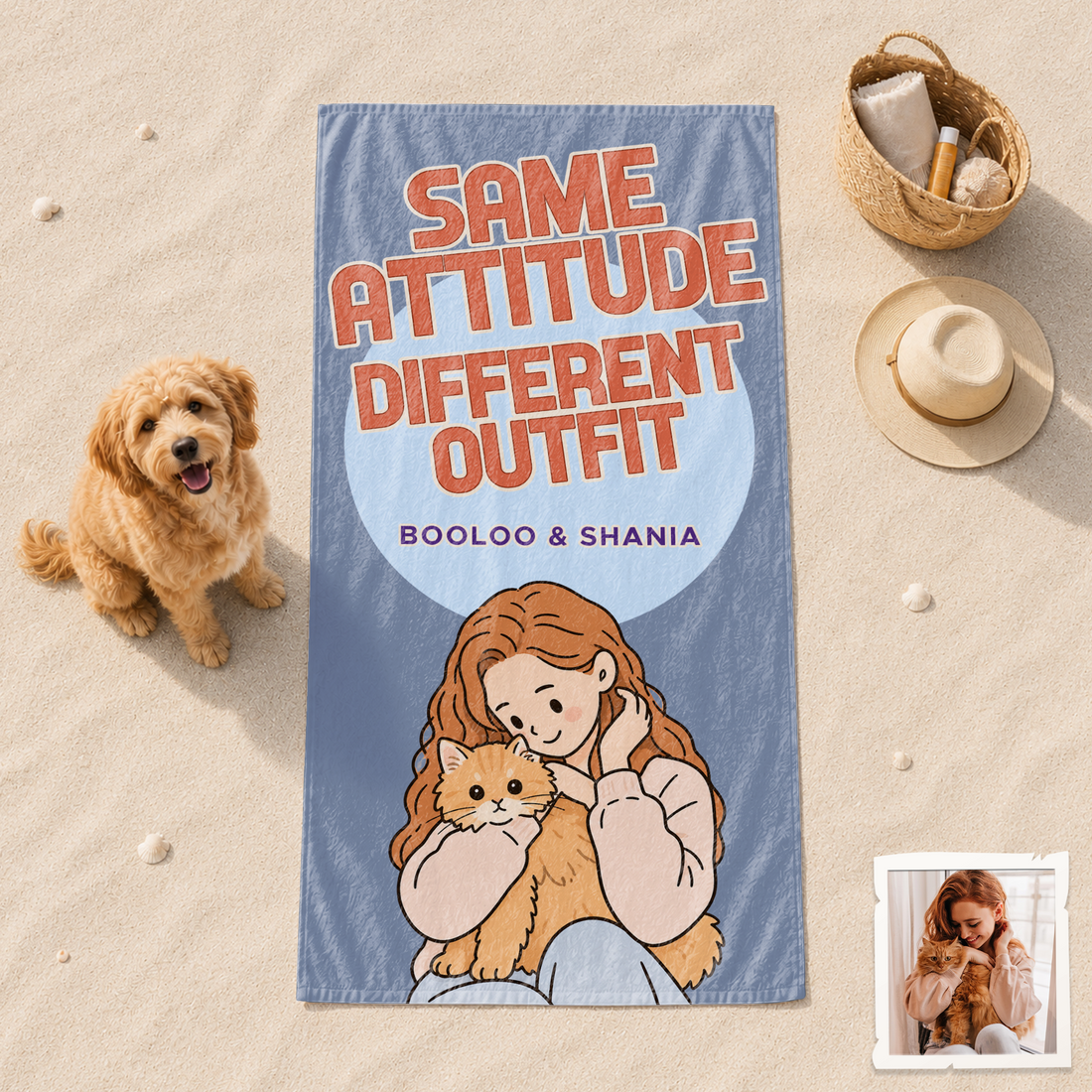 Custom Pet and Owner Funny Doodle Beach Towel with Personalized Text, Playful Photo Keepsake for Pet Lovers