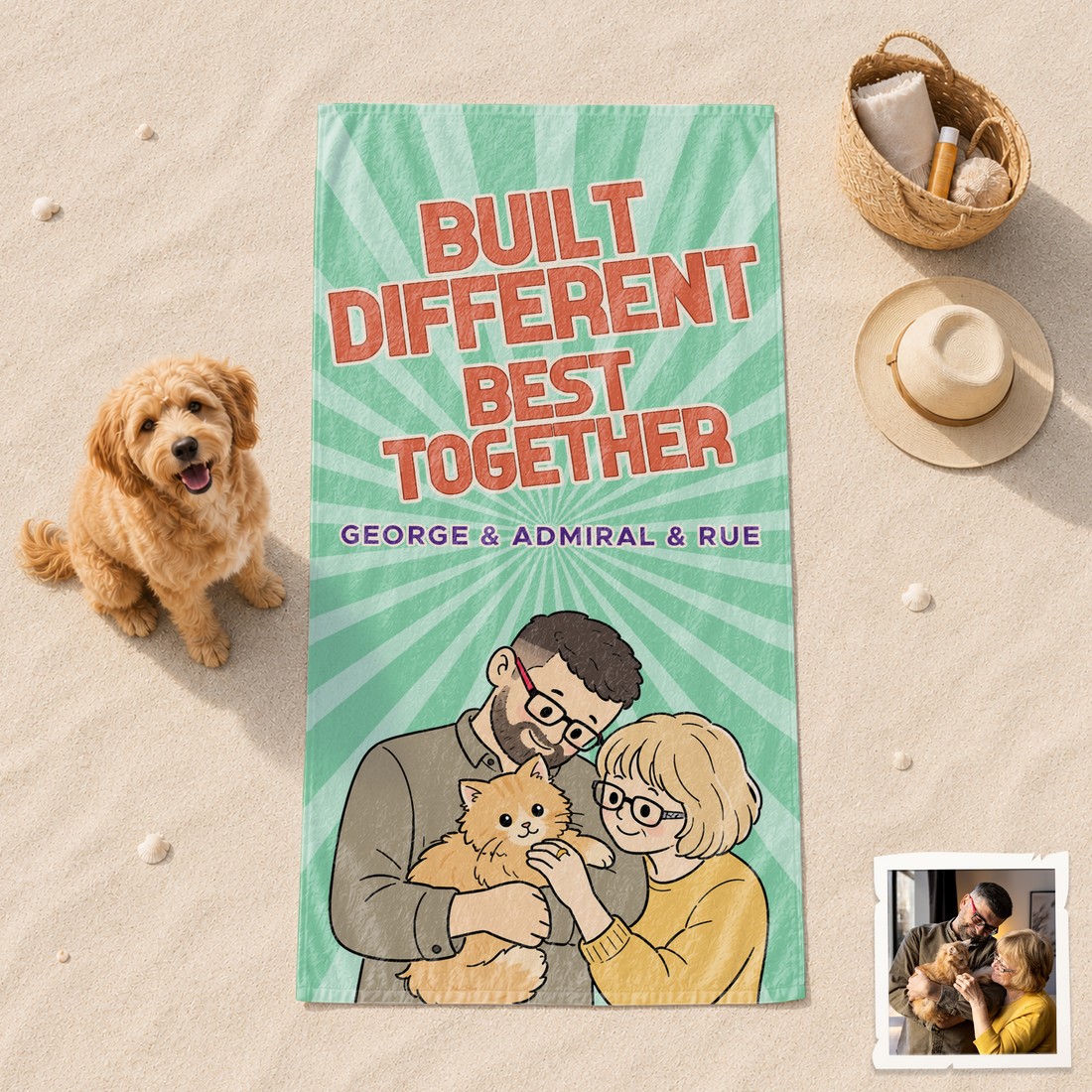 Personalized Pet and Owner Funny Doodle Beach Towel with Custom Text, Cute Photo Gift for Pet Parents