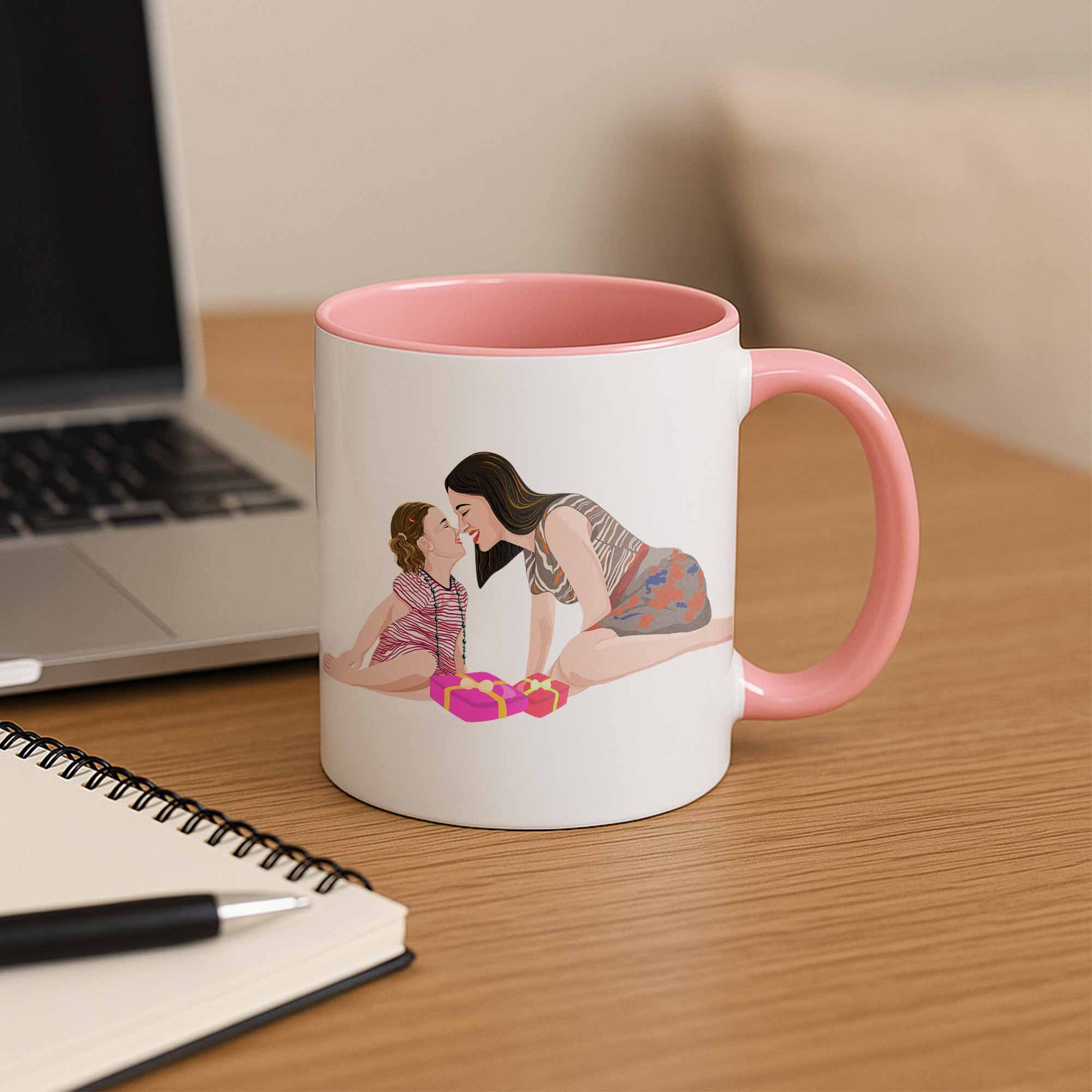 Personalized Illustration Art From Portrait Photo, Mom and Kid Memorial, Mothers Day Accent Coffee Mug (11, 15oz)-BeUnikArt