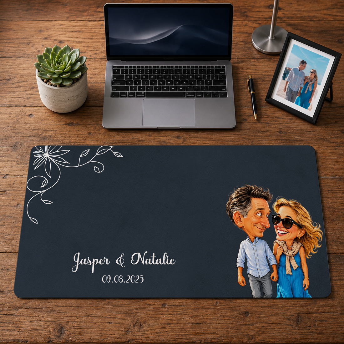 Personalized Couple Photo to Caricature Desk Mat with Custom Text