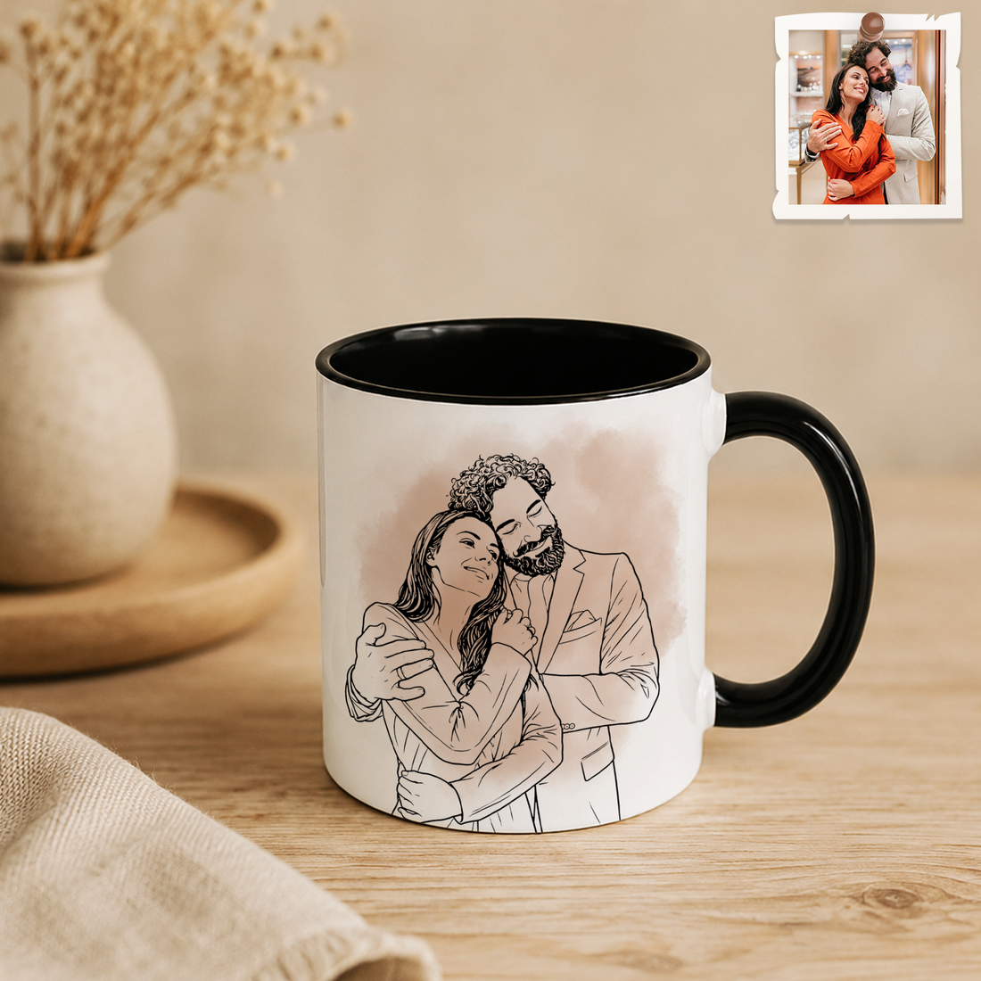 Personalized Engagement Wedding Photo to Detailed Line Art Accent Mug with Custom Text - 11, 15 oz