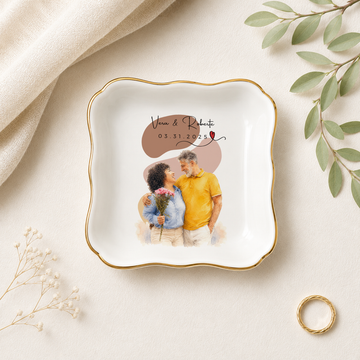Personalized Young Couple Photo Water Color Trinket Dish with Custom Text, Custom Romantic Keepsake Gift