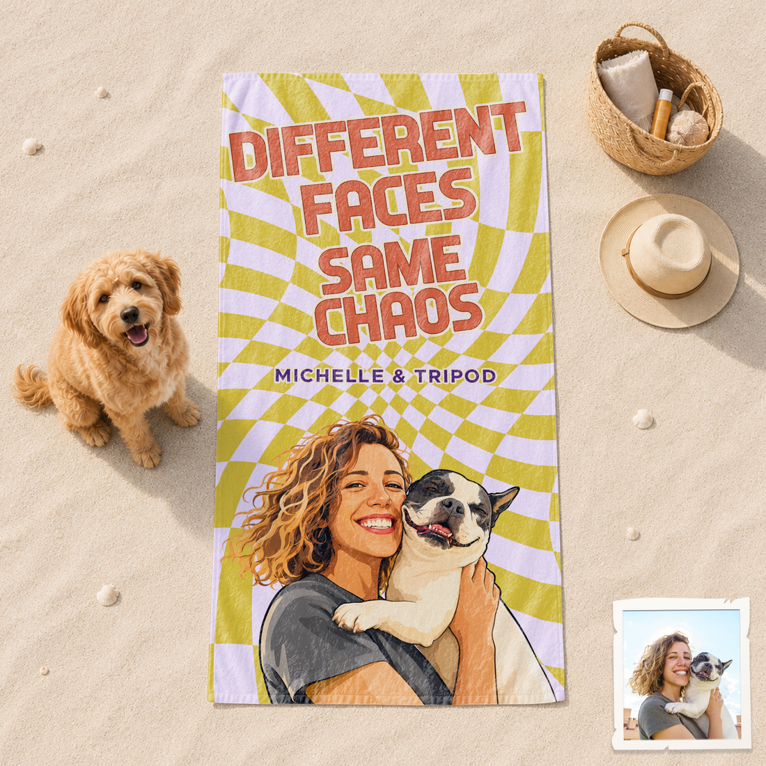 Custom Pet and Owner Pop Art Beach Towel with Personalized Text, Colorful Photo Gift for Pet Lovers