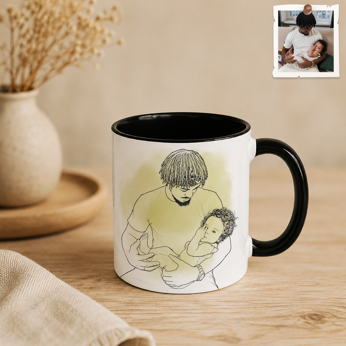 Personalized Dad & Kid Photo to Detailed Line Art Accent Mug with Custom Text - 11, 15 oz