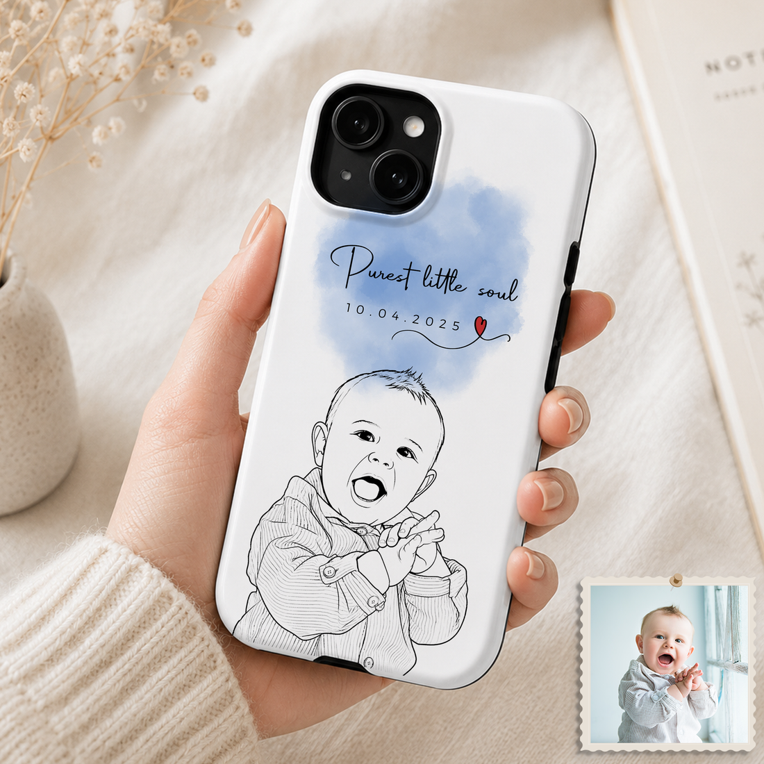 Tough Phone Case for iPhone & Samsung, Personalized Baby Portrait Detailed Line Art Case with Custom Text