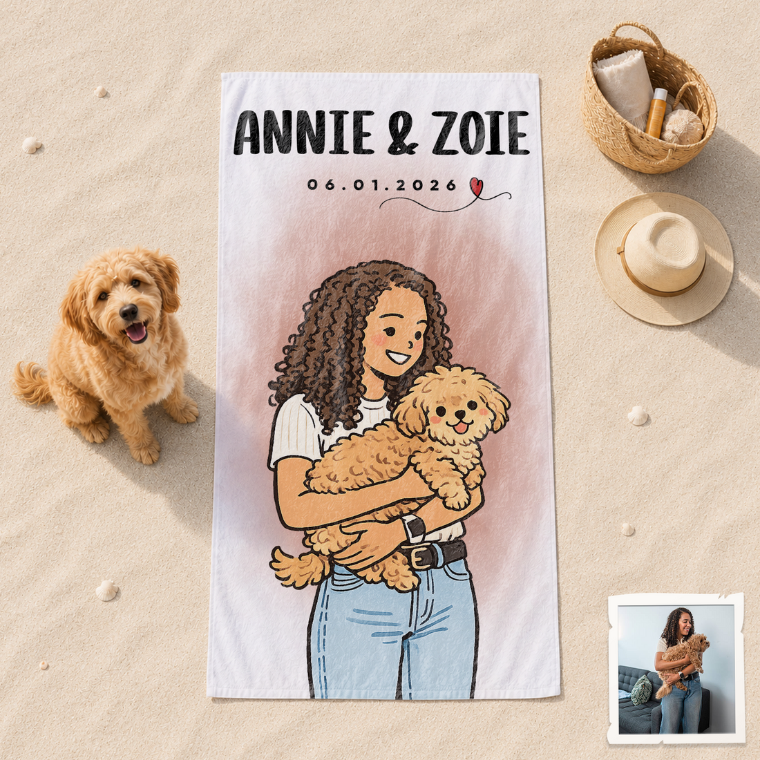Custom Pet and Owner Portrait Funny Doodle Beach Towel with Personalized Text, Cheerful Summer Keepsake Gift